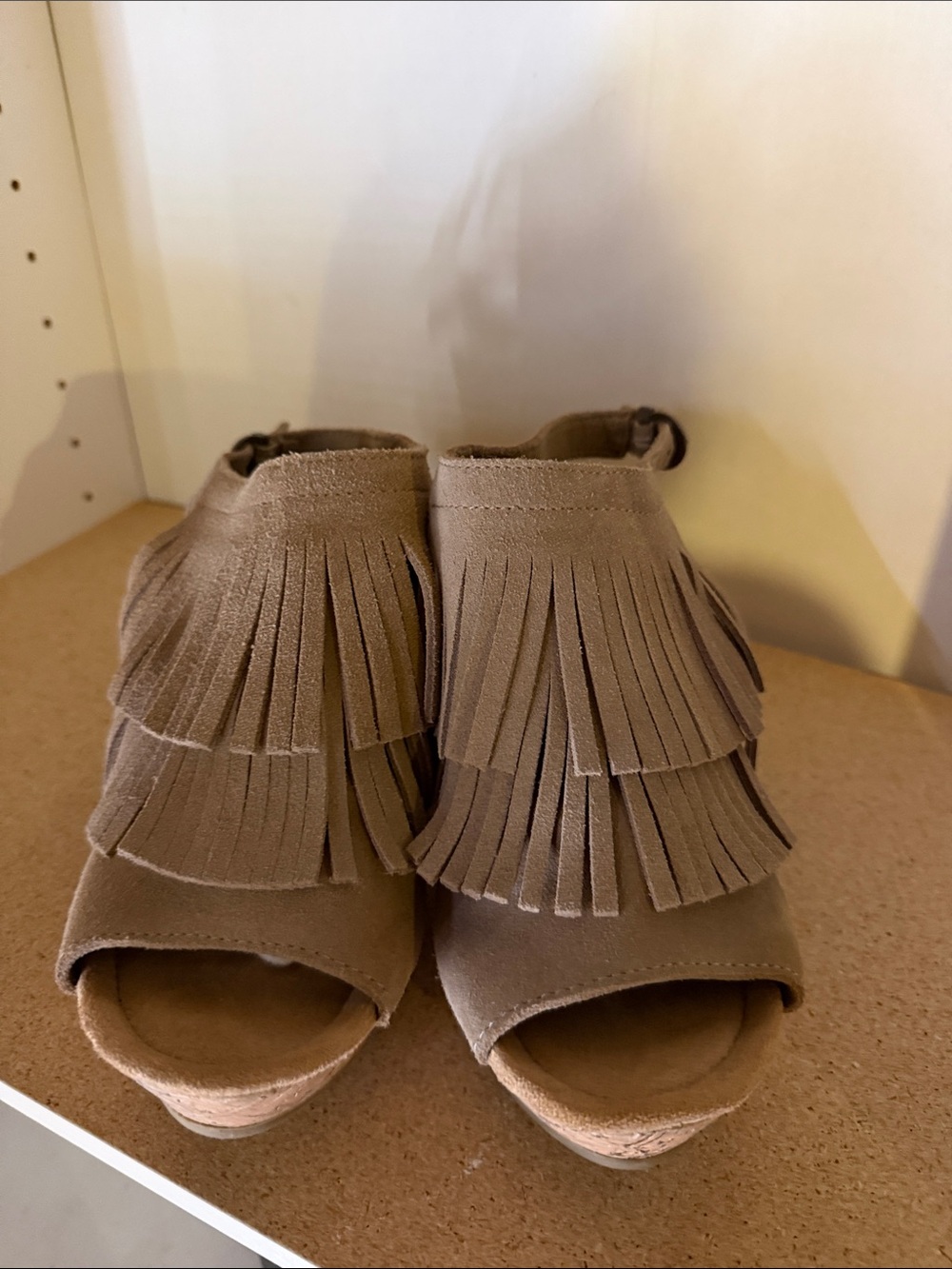 Minnetonka Taupe Fringe Wedge Sandals